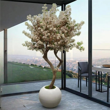 Luxurious Artificial White Cherry Blossom Bonsai Tree for Outdoor for Hotels Parties Fiberglass Flower Pot for Landscapers