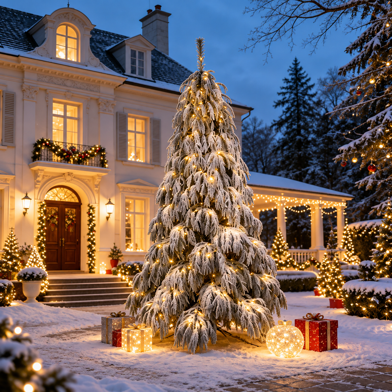 Pre-Lit Snow Flocked Weeping Artificial Christmas Tree with Warm White LED Lights