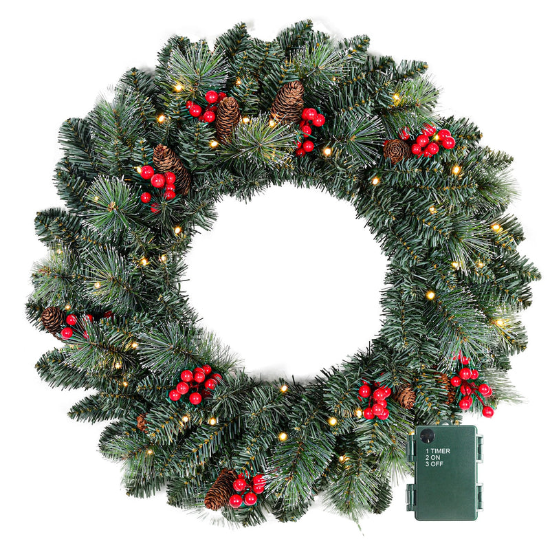 Pine Needle Artificial Christmas Wreath with Red Berries and Pine Cones