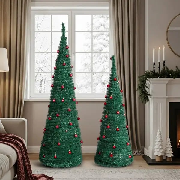 2 Pack Artificial Christmas Tree Set with Red Ball Ornaments