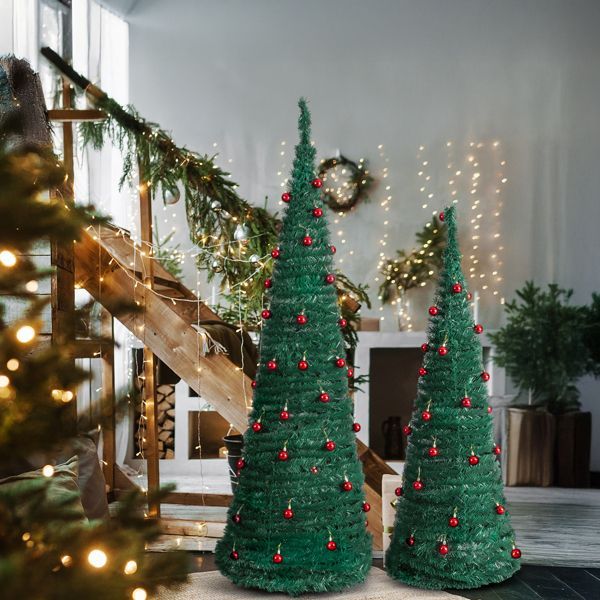 2 Pack Artificial Christmas Tree Set with Red Ball Ornaments