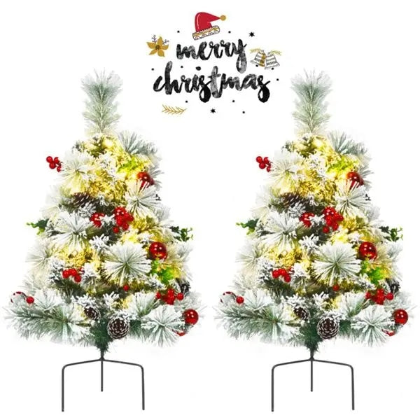 2 Pre Lit Pathway Flocked Christmas Trees Set