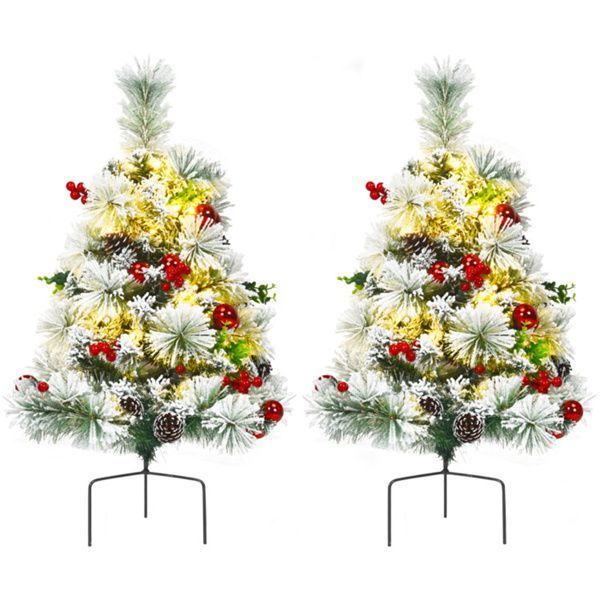 2 Pre Lit Pathway Flocked Christmas Trees Set