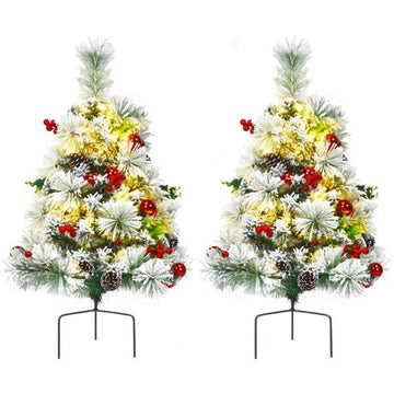 2 Pre Lit Pathway Flocked Christmas Trees Set