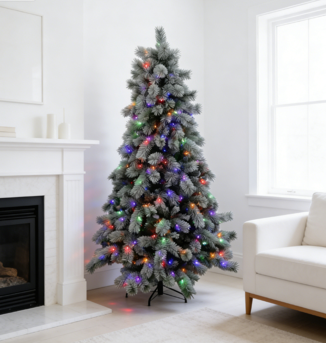 7.5ft Flocked Pine Xmas Tree Pre Lit Multicolor LEDs