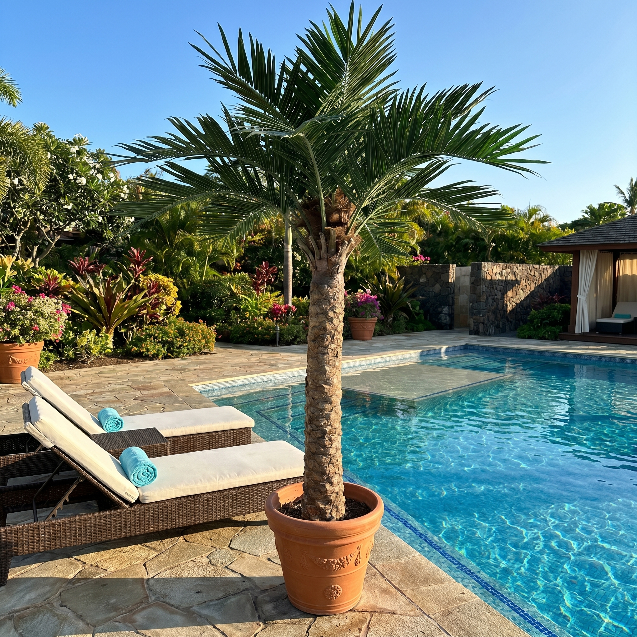 Potted palm tree by a pool with lounge chairs and flowers in the background