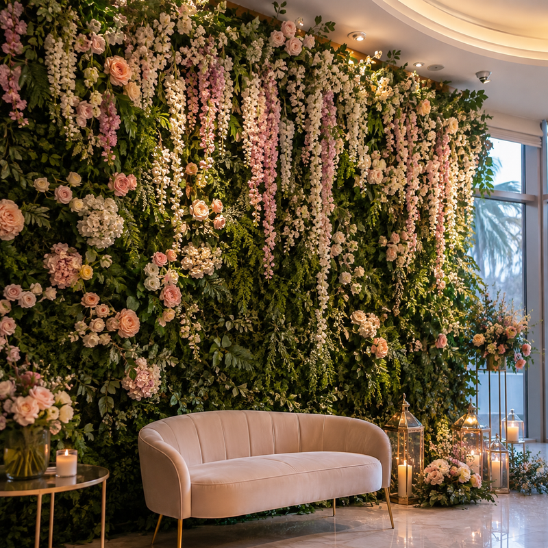 Artificial greenery wall with flowers and wisteria