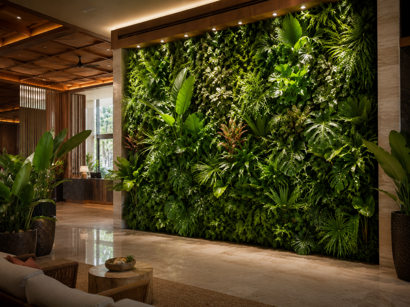 Dense artificial green wall with rich foliage