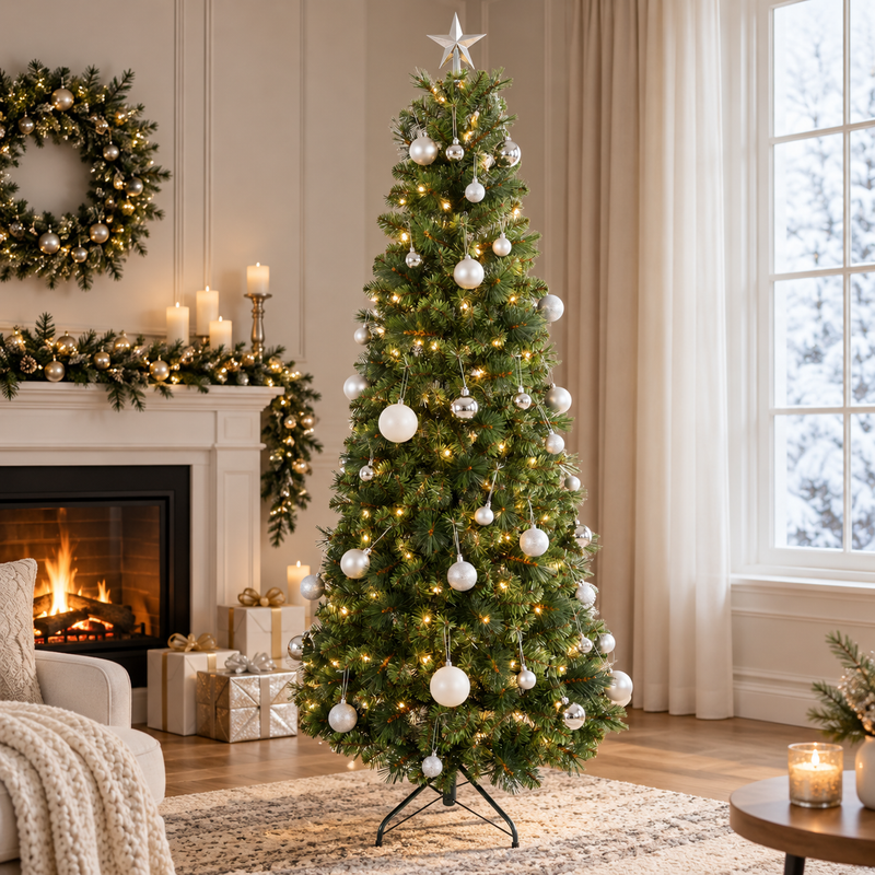 Norfolk Pine Artificial Christmas Tree with Silver Ornaments and Star Topper