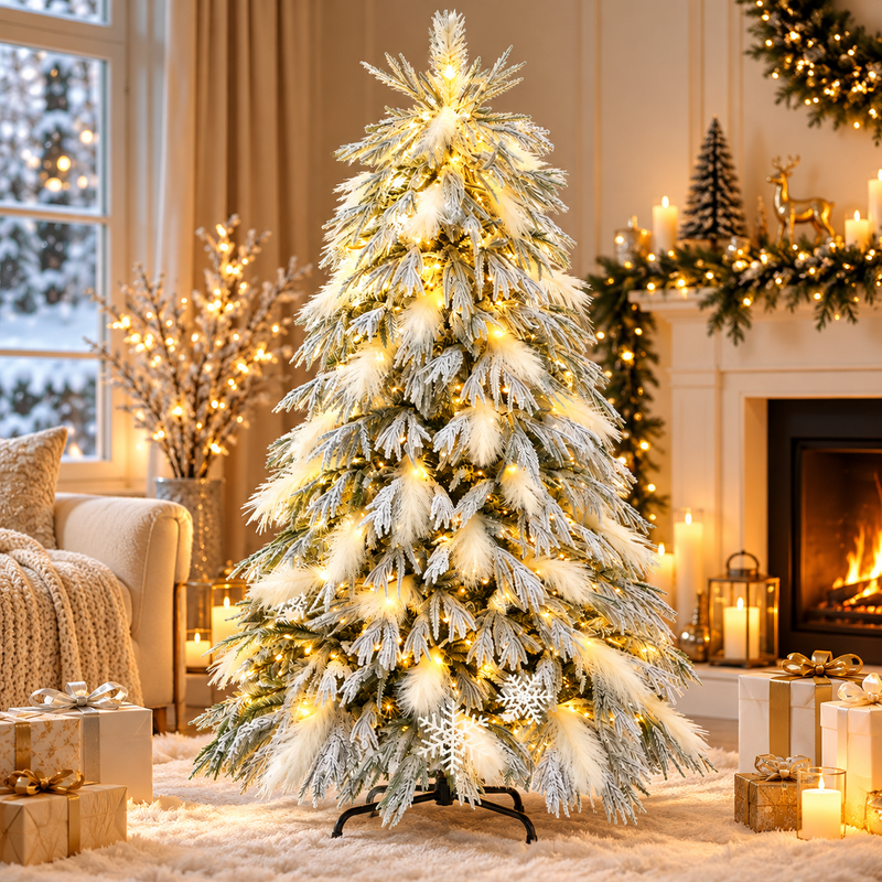Pre-Lit Snow Flocked Christmas Tree with Warm White Lights