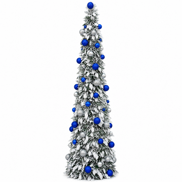 Snow Flocked Slim Christmas Tree with Blue and Silver Ornaments