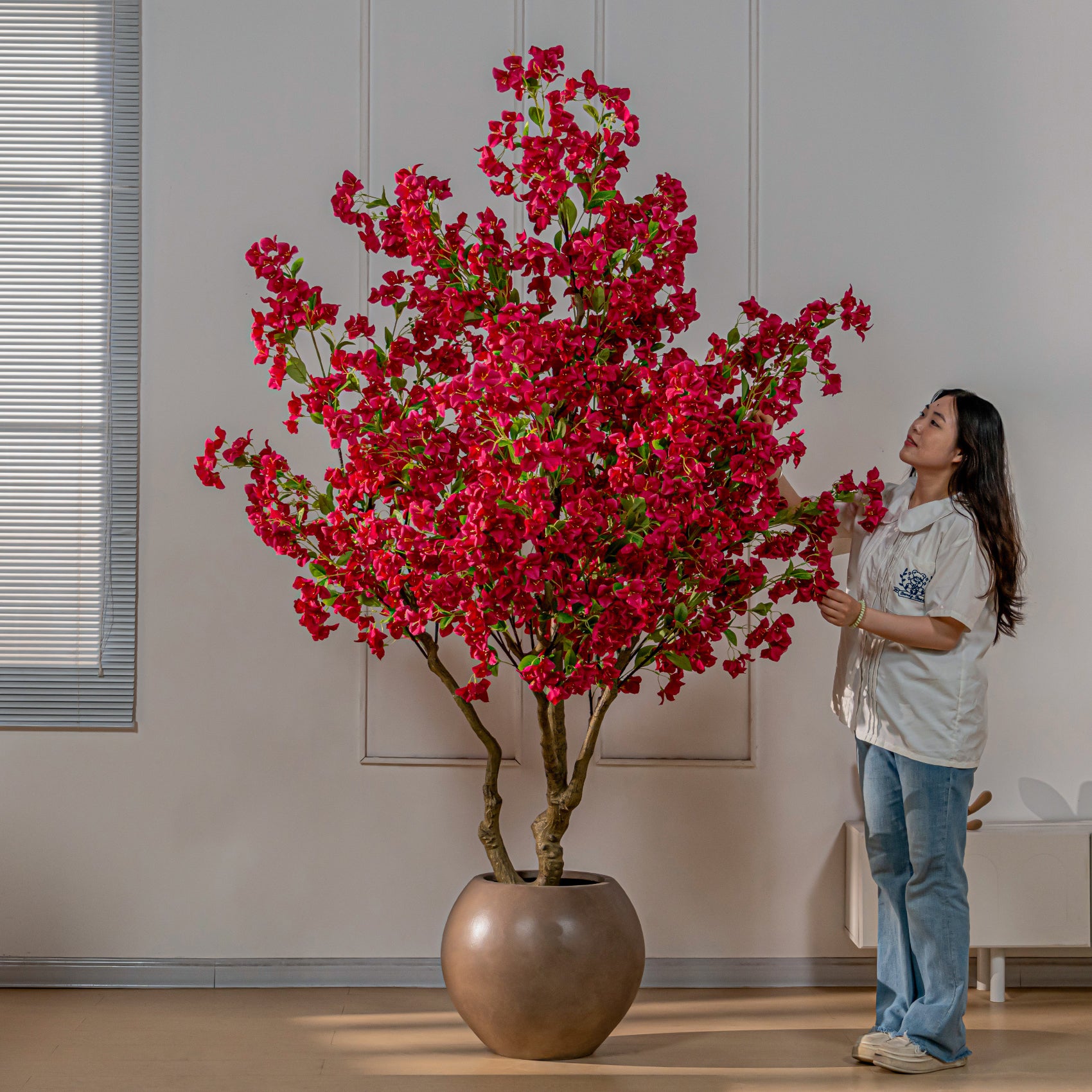 Artificial Bougainvillea Tree 7FT Faux Flowering Tree White Pot