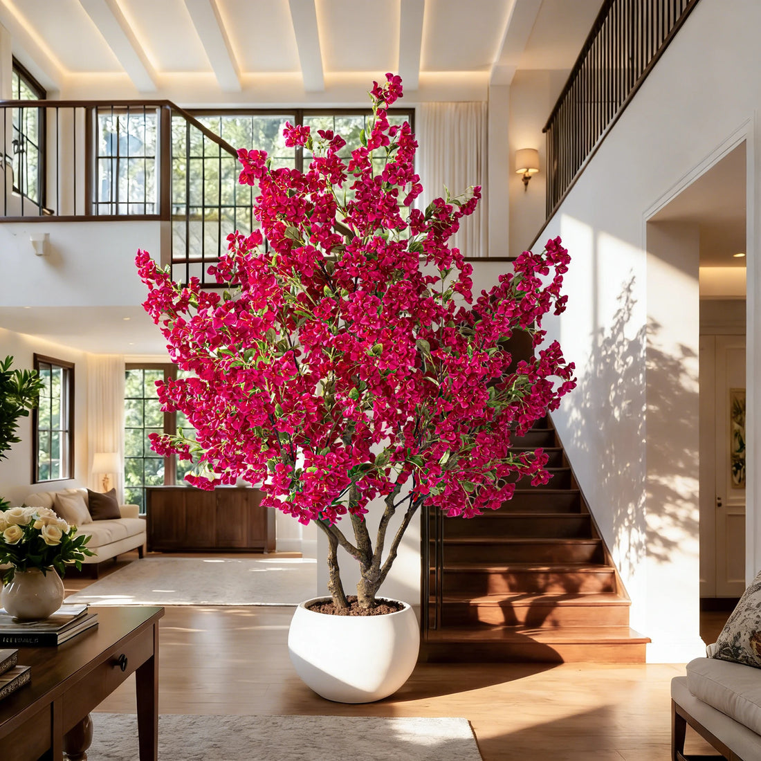 Artificial Bougainvillea Tree 7FT Faux Flowering Tree White Pot