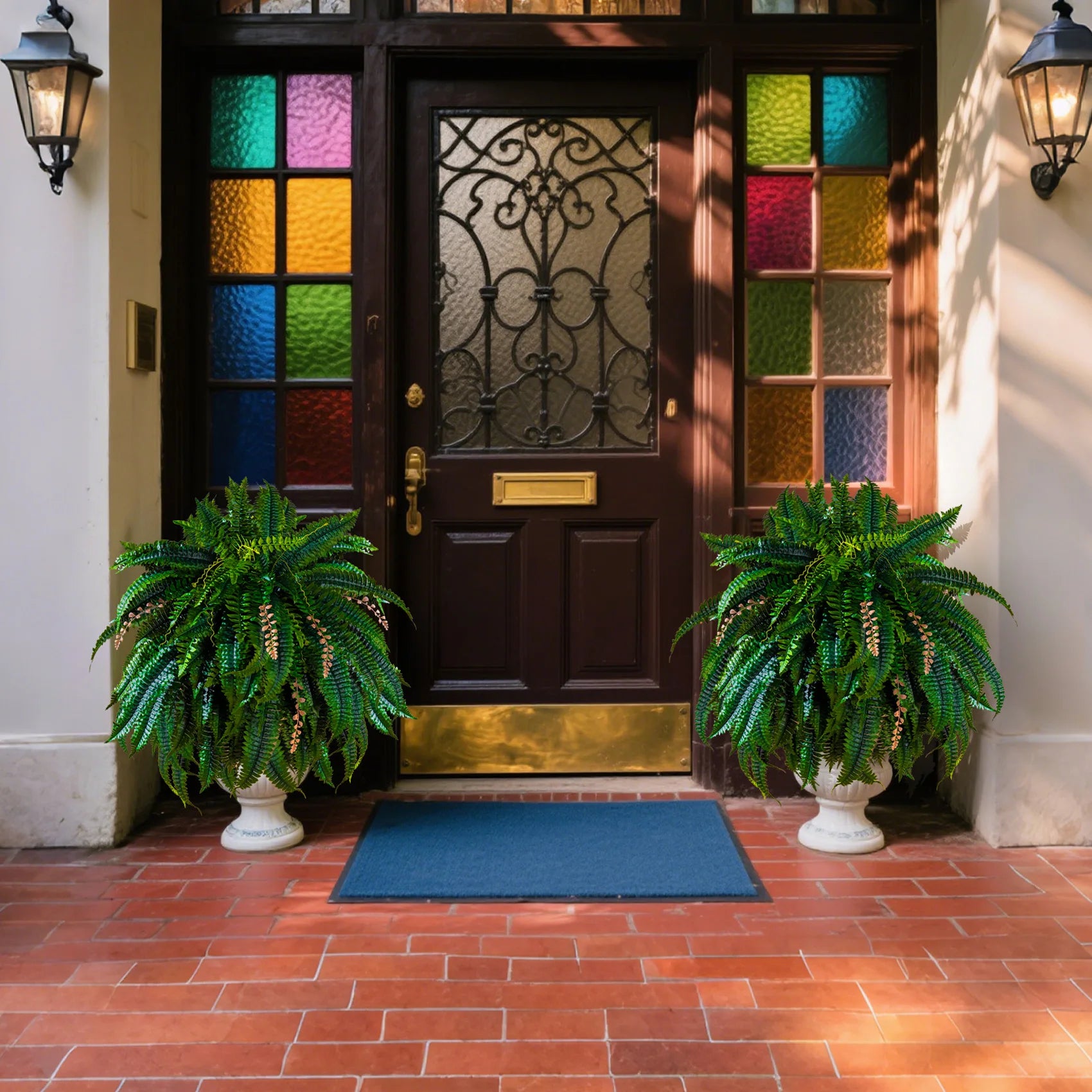 Artificial Boston Fern PE Shrubs for Outdoor Balcony Decor