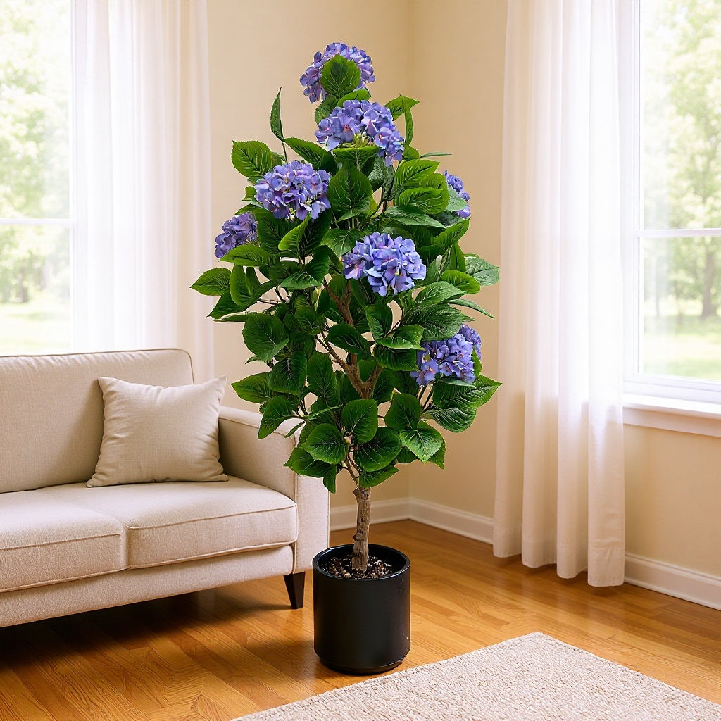 Purple Hydrangea Artificial Potted Floor Plant 3 FT