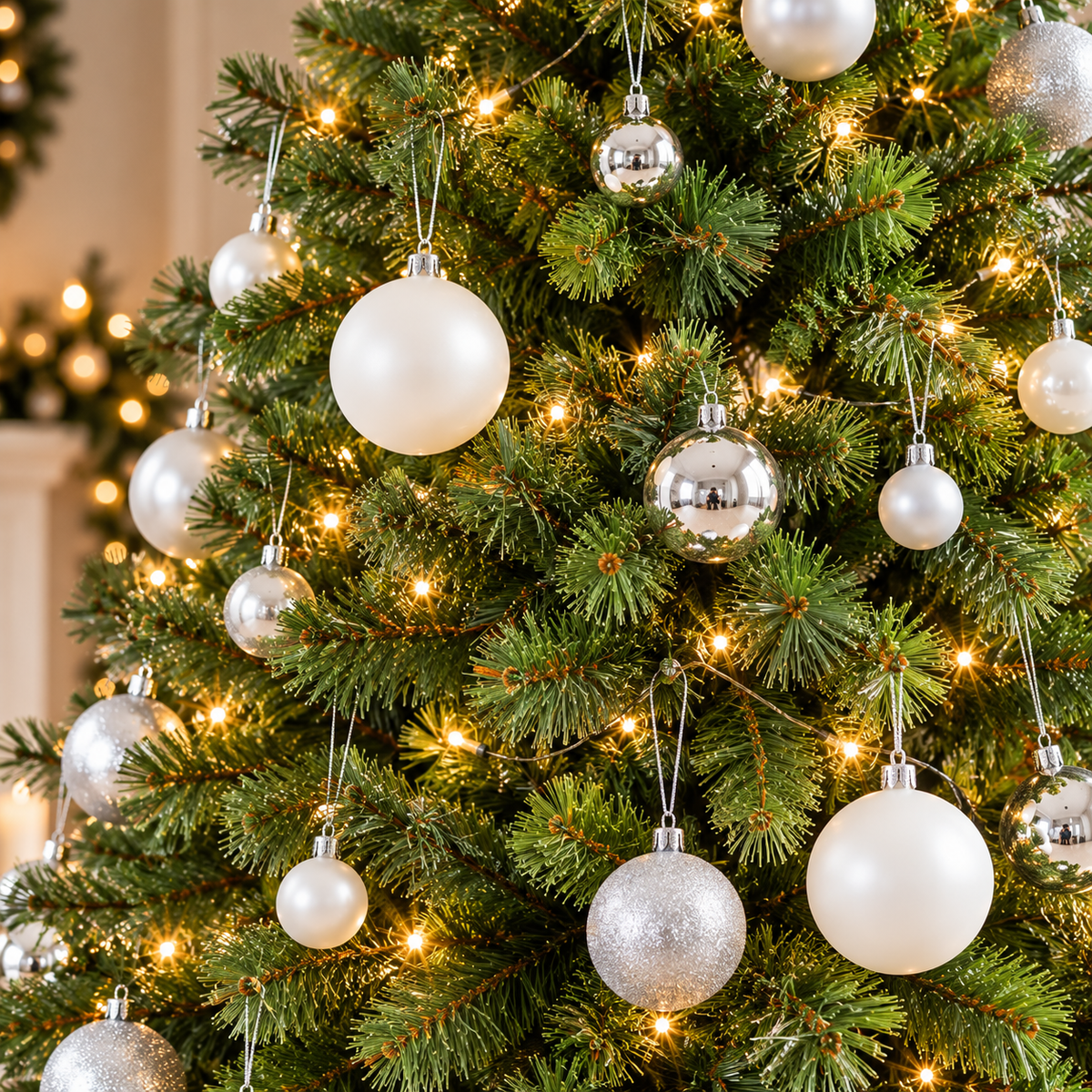 Norfolk Pine Artificial Christmas Tree with Silver Ornaments and Star Topper