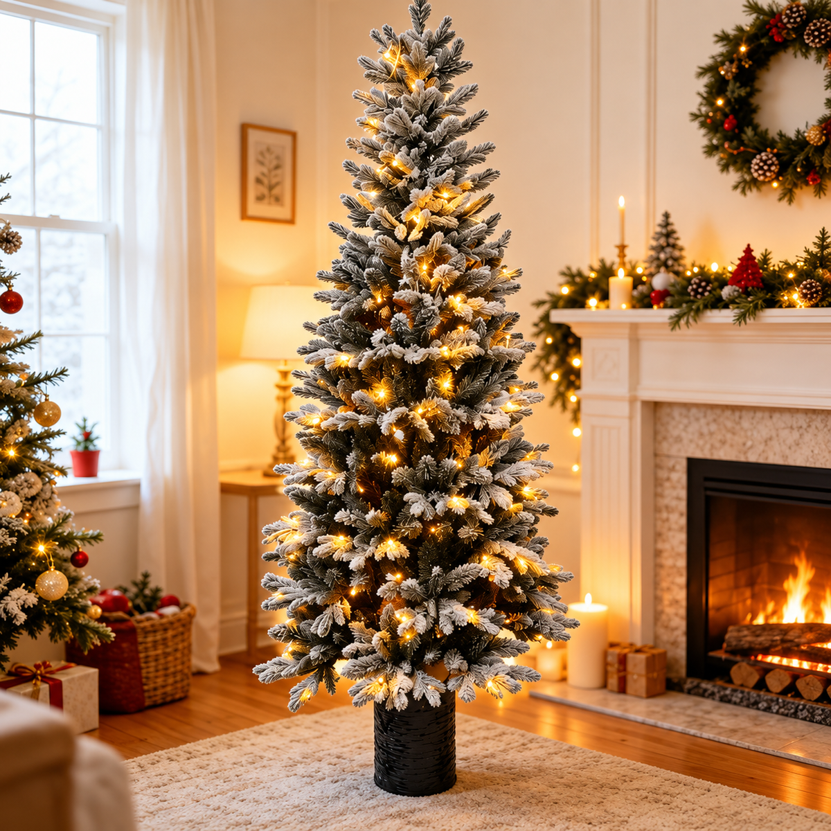 Flocked Artificial Cedar Christmas Tree with Warm White LED Lights