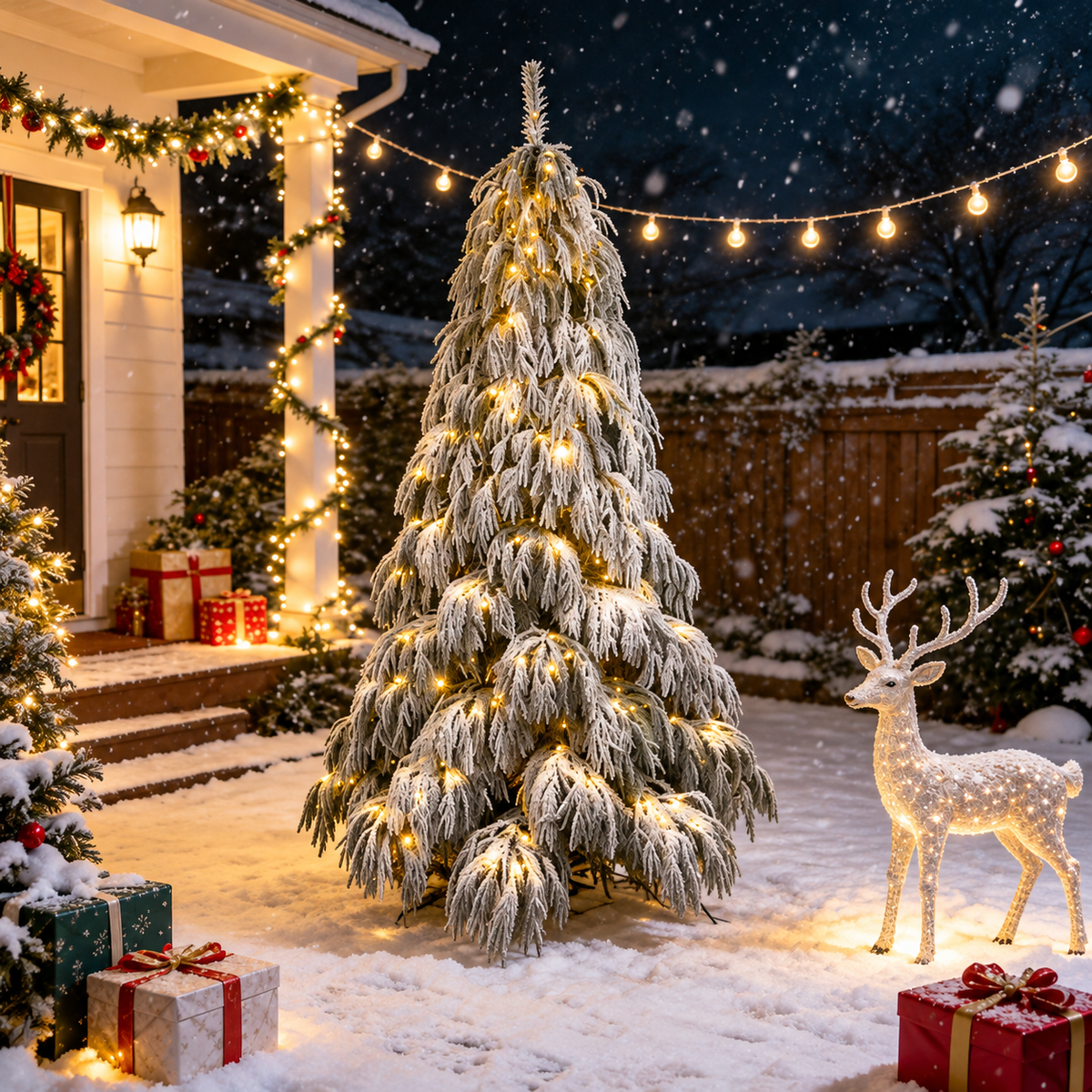 Pre-Lit Snow Flocked Weeping Artificial Christmas Tree with Warm White LED Lights