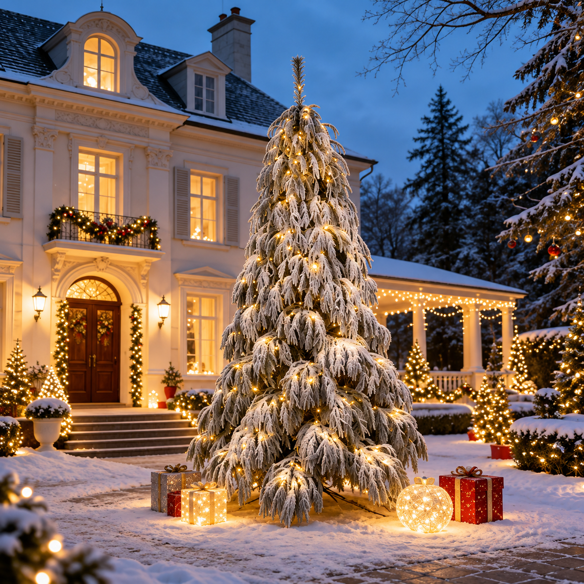 Pre-Lit Snow Flocked Weeping Artificial Christmas Tree with Warm White LED Lights