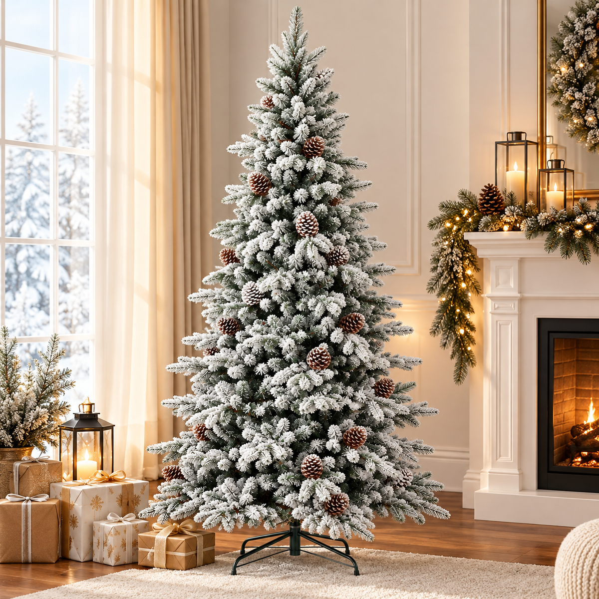 King Noble Artificial Christmas Tree with Snow Flocking and Pine Cones