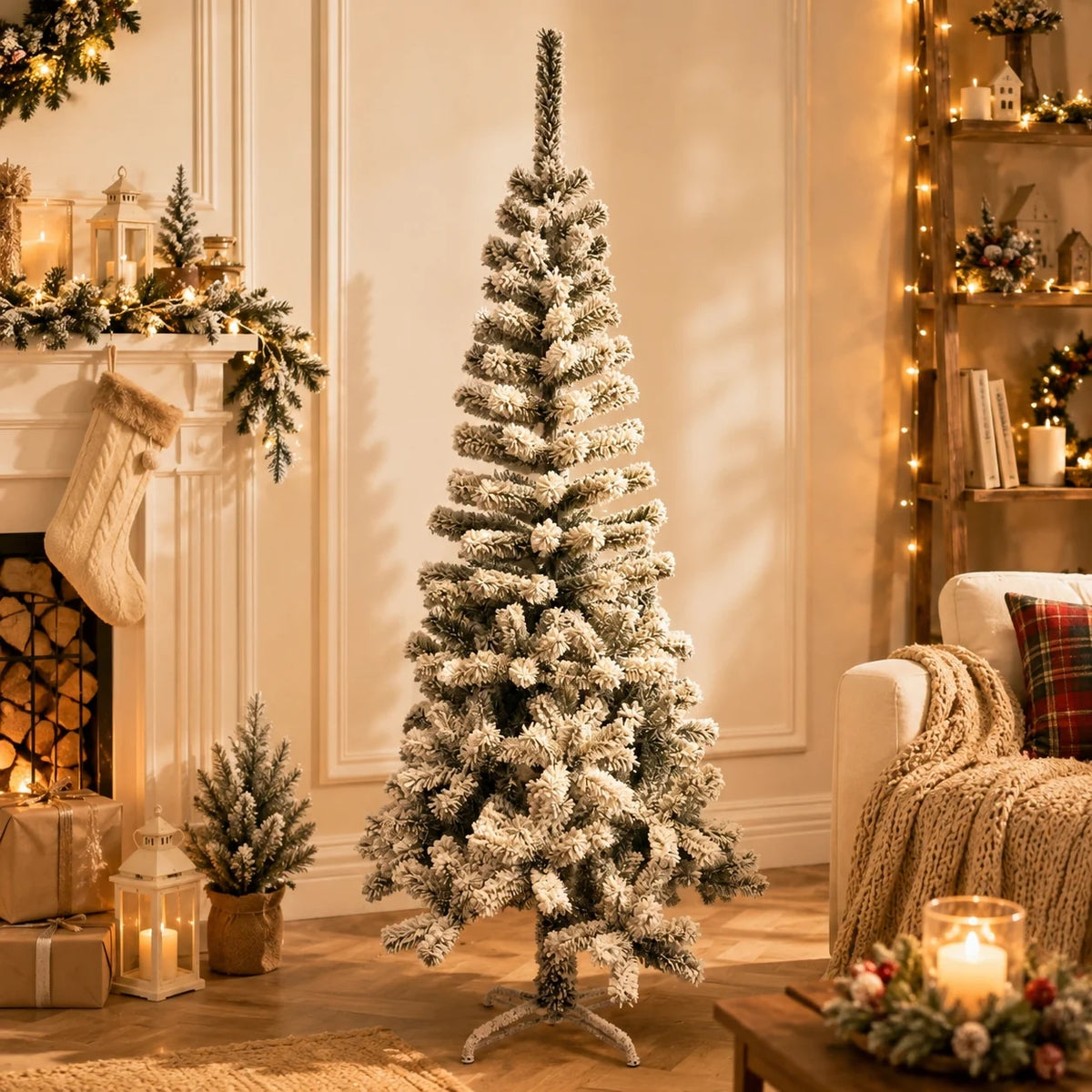 Alpine Fir Flocked Pencil Artificial Christmas Tree with Snowy Branches