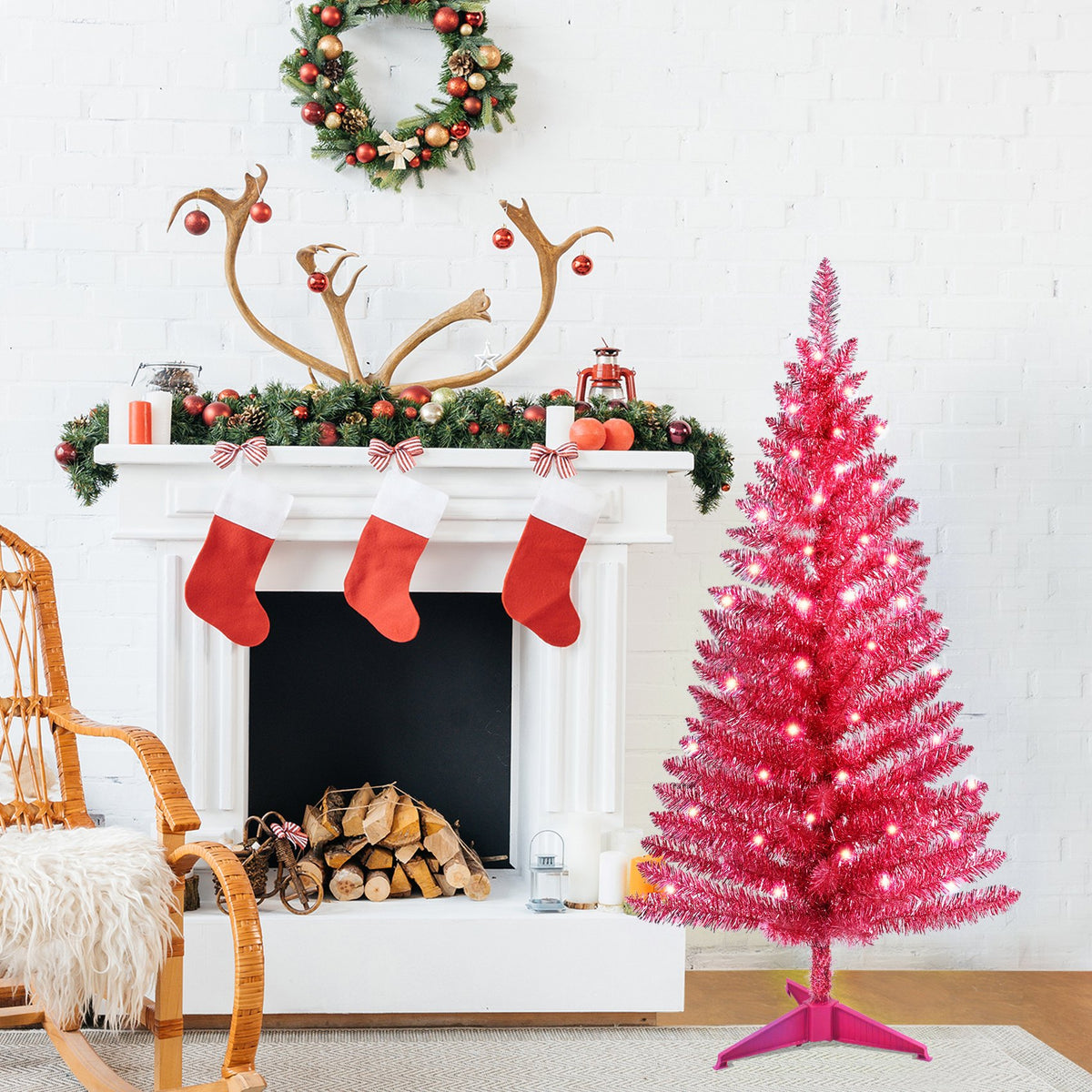 Red Tinsel Artificial Christmas Tree with Shimmering Branches