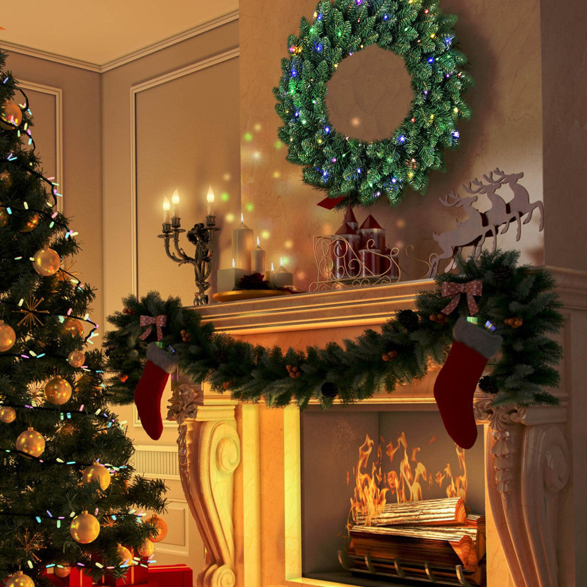 Evergreen Artificial Christmas Wreath with Dual Color LED Lights