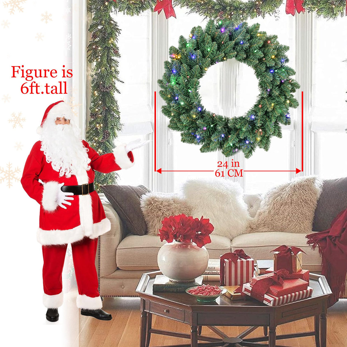 Evergreen Artificial Christmas Wreath with Dual Color LED Lights