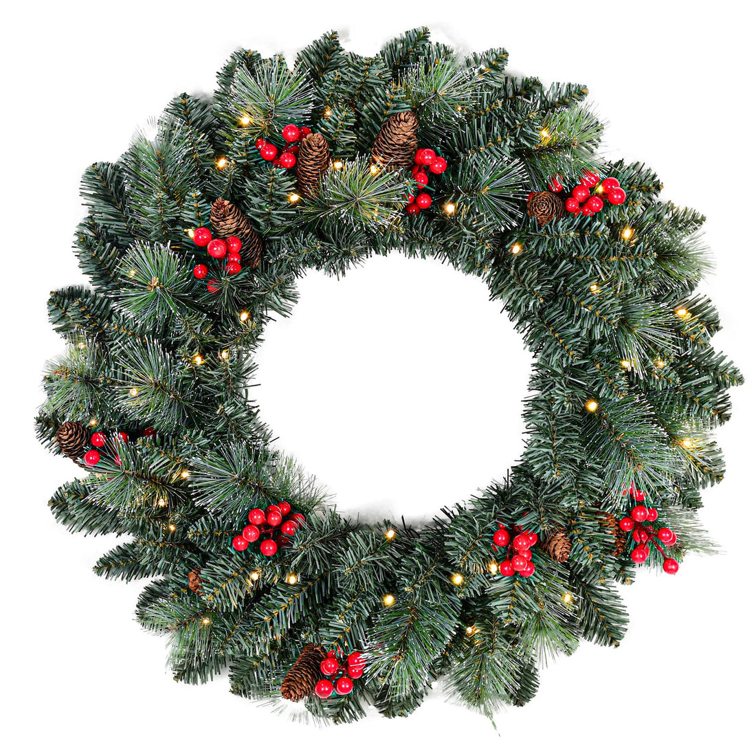 Pine Needle Artificial Christmas Wreath with Red Berries and Pine Cones