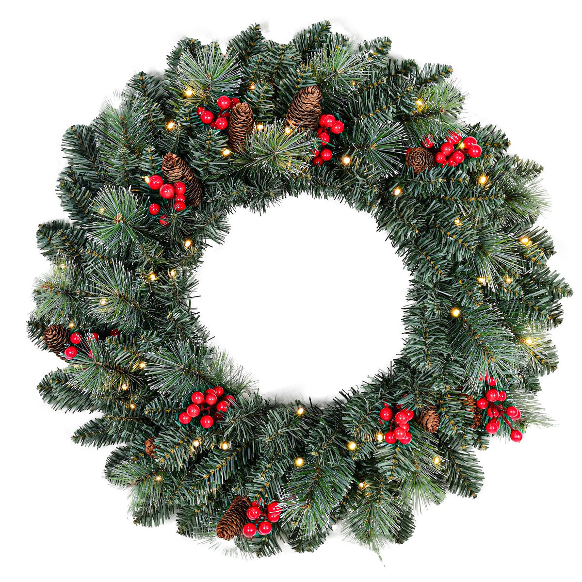 Pine Needle Artificial Christmas Wreath with Red Berries and Pine Cones