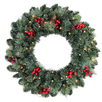 Pine Needle Artificial Christmas Wreath with Red Berries and Pine Cones