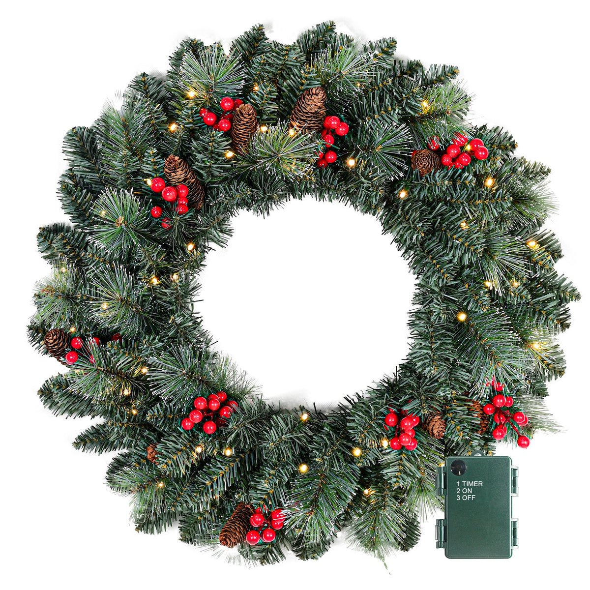 Pine Needle Artificial Christmas Wreath with Red Berries and Pine Cones