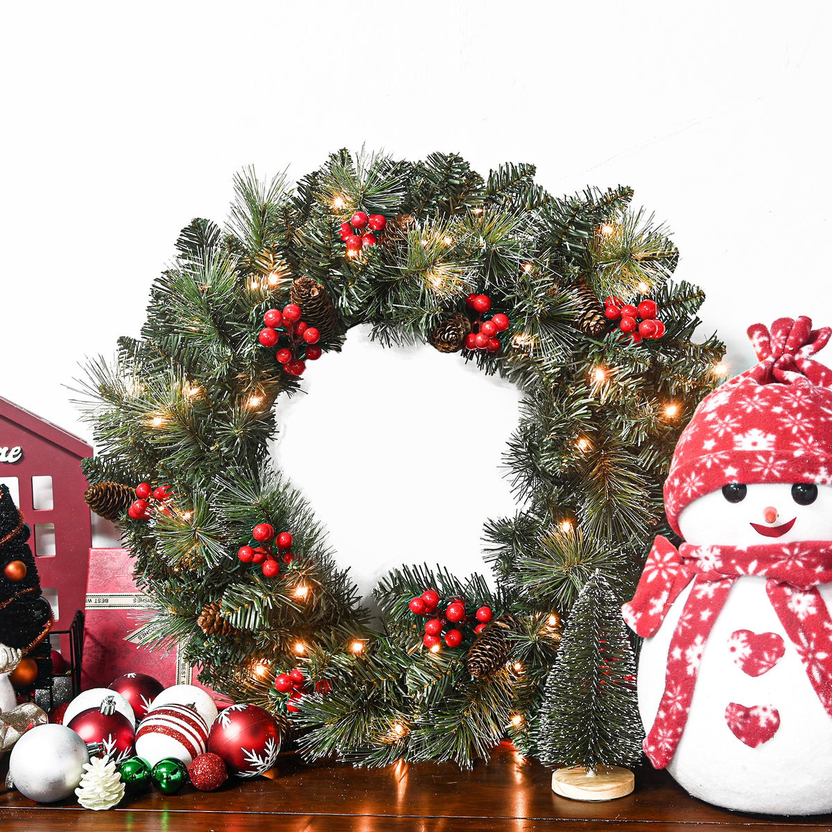 Pine Needle Artificial Christmas Wreath with Red Berries and Pine Cones