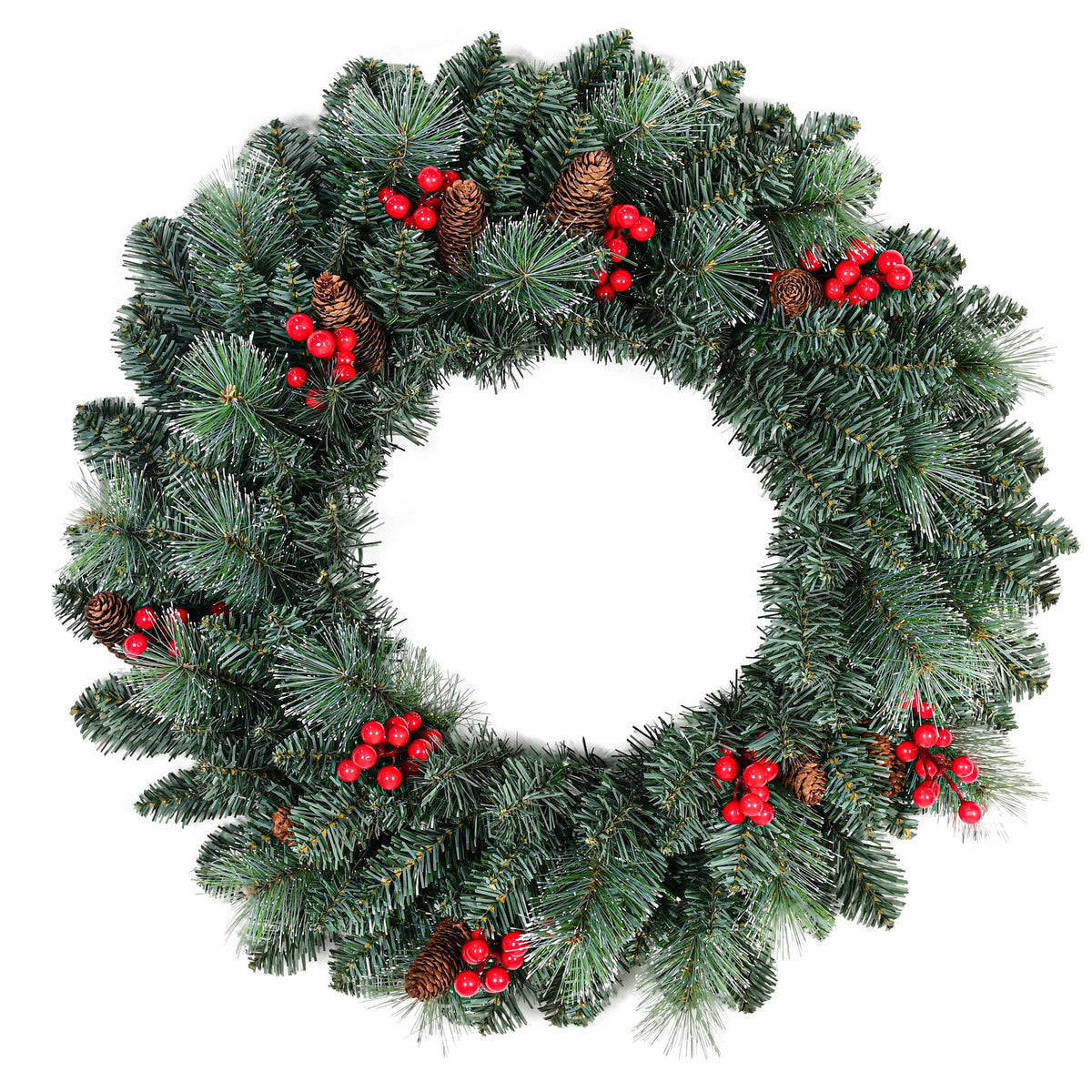 Pine Needle Artificial Christmas Wreath with Red Berries and Pine Cones