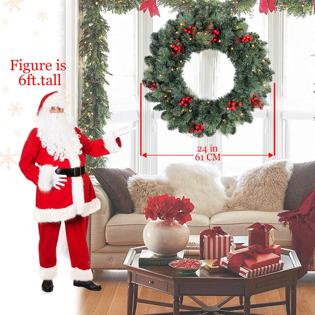 Pine Needle Artificial Christmas Wreath with Red Berries and Pine Cones