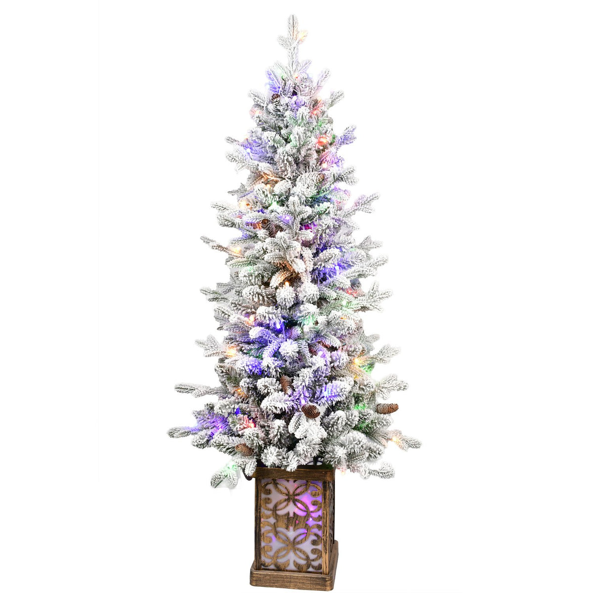Snowy Potted Artificial Christmas Tree with Pine Cones and Multicolor Lights