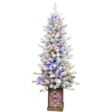 Snowy Potted Artificial Christmas Tree with Pine Cones and Multicolor Lights