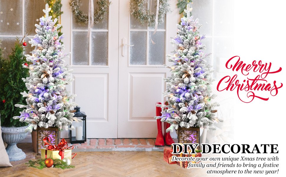 Snowy Potted Artificial Christmas Tree with Pine Cones and Multicolor Lights