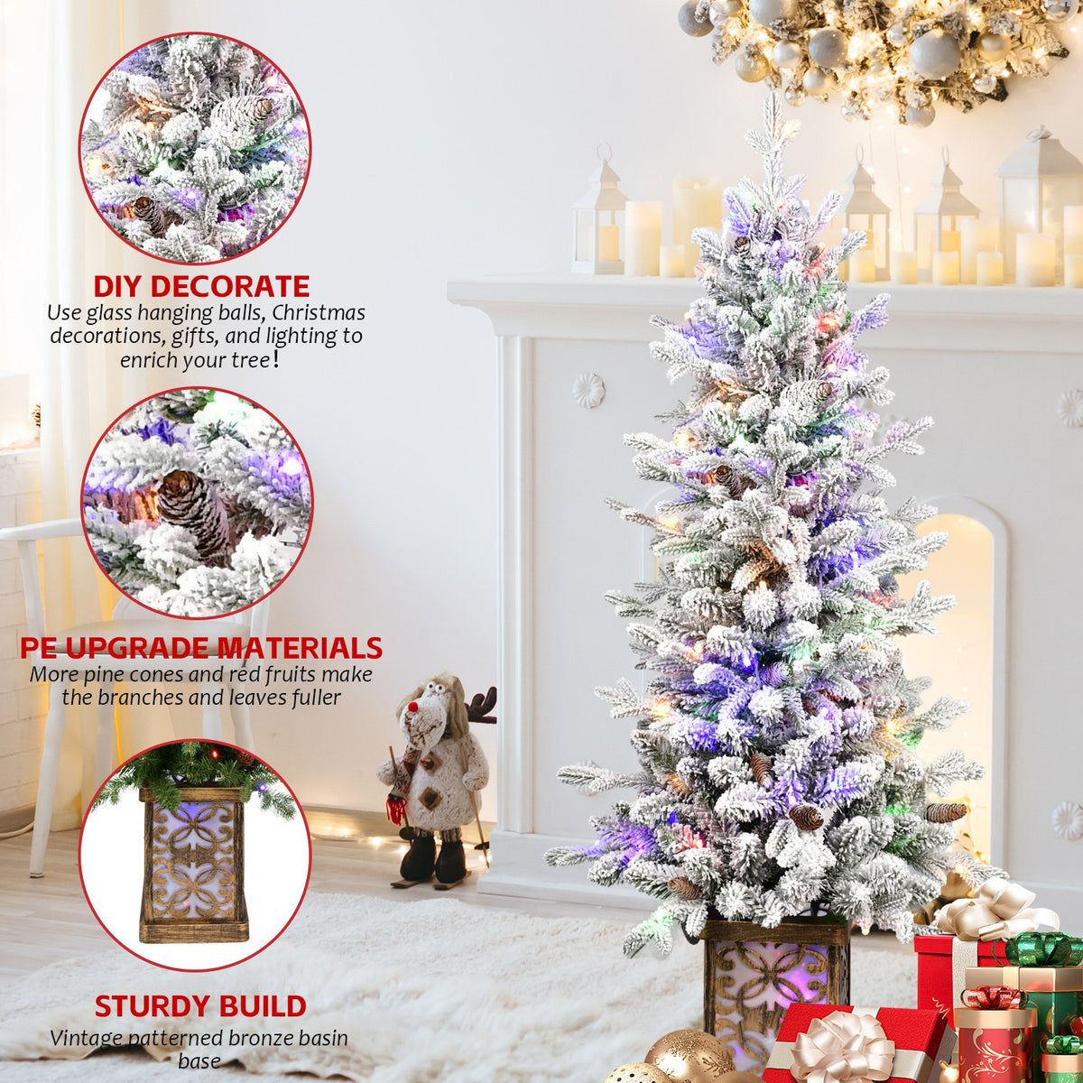 Snowy Potted Artificial Christmas Tree with Pine Cones and Multicolor Lights