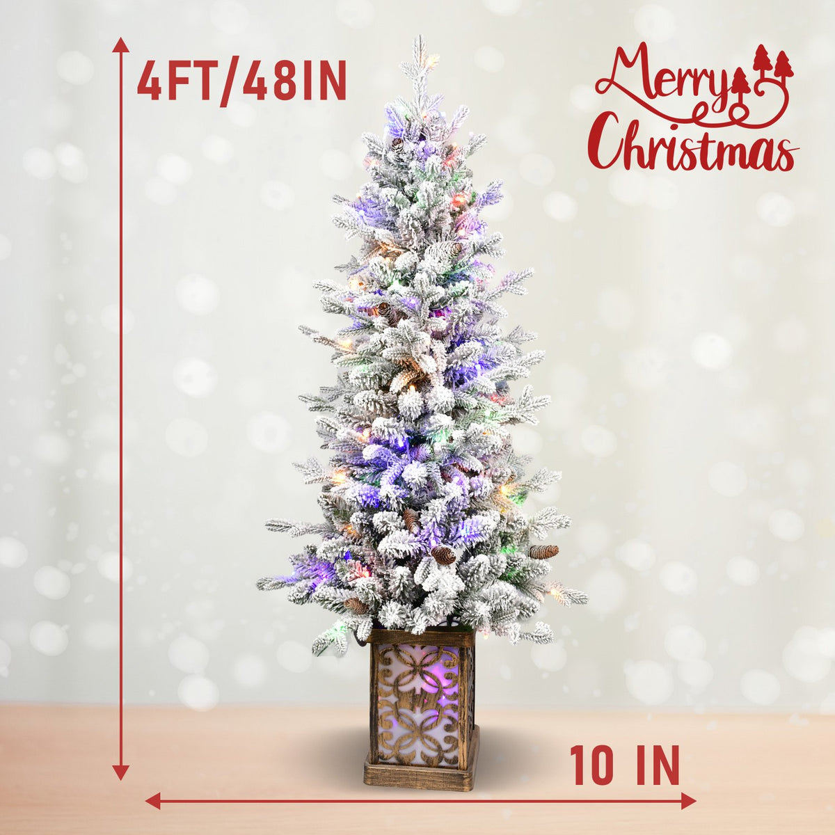 Snowy Potted Artificial Christmas Tree with Pine Cones and Multicolor Lights