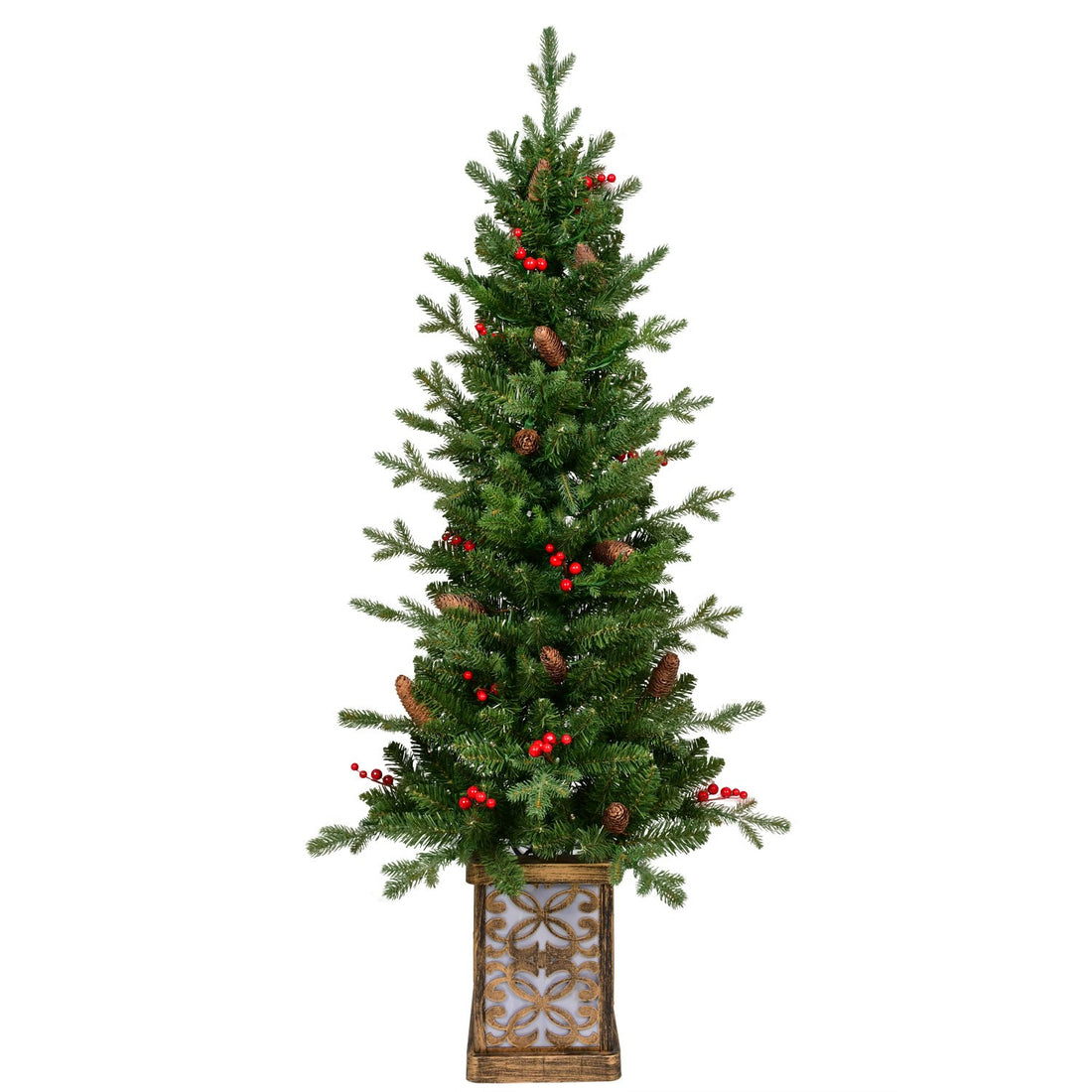 Potted Pine Artificial Christmas Tree with Red Berries and Pine Cones