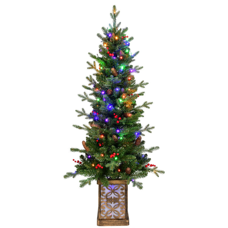 Potted Pine Artificial Christmas Tree with Red Berries and Pine Cones