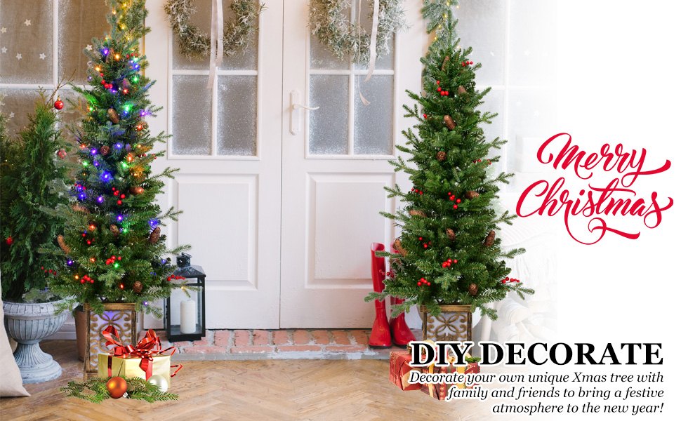 Potted Pine Artificial Christmas Tree with Red Berries and Pine Cones