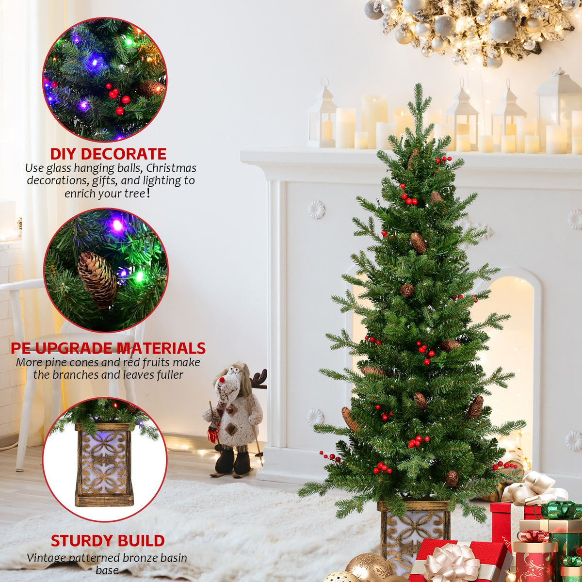 Potted Pine Artificial Christmas Tree with Red Berries and Pine Cones