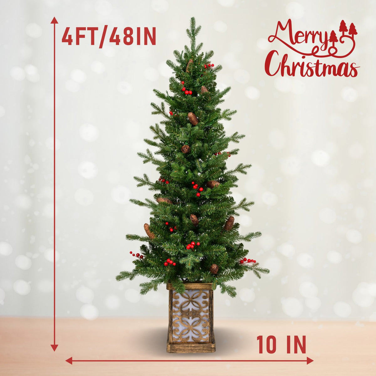 Potted Pine Artificial Christmas Tree with Red Berries and Pine Cones