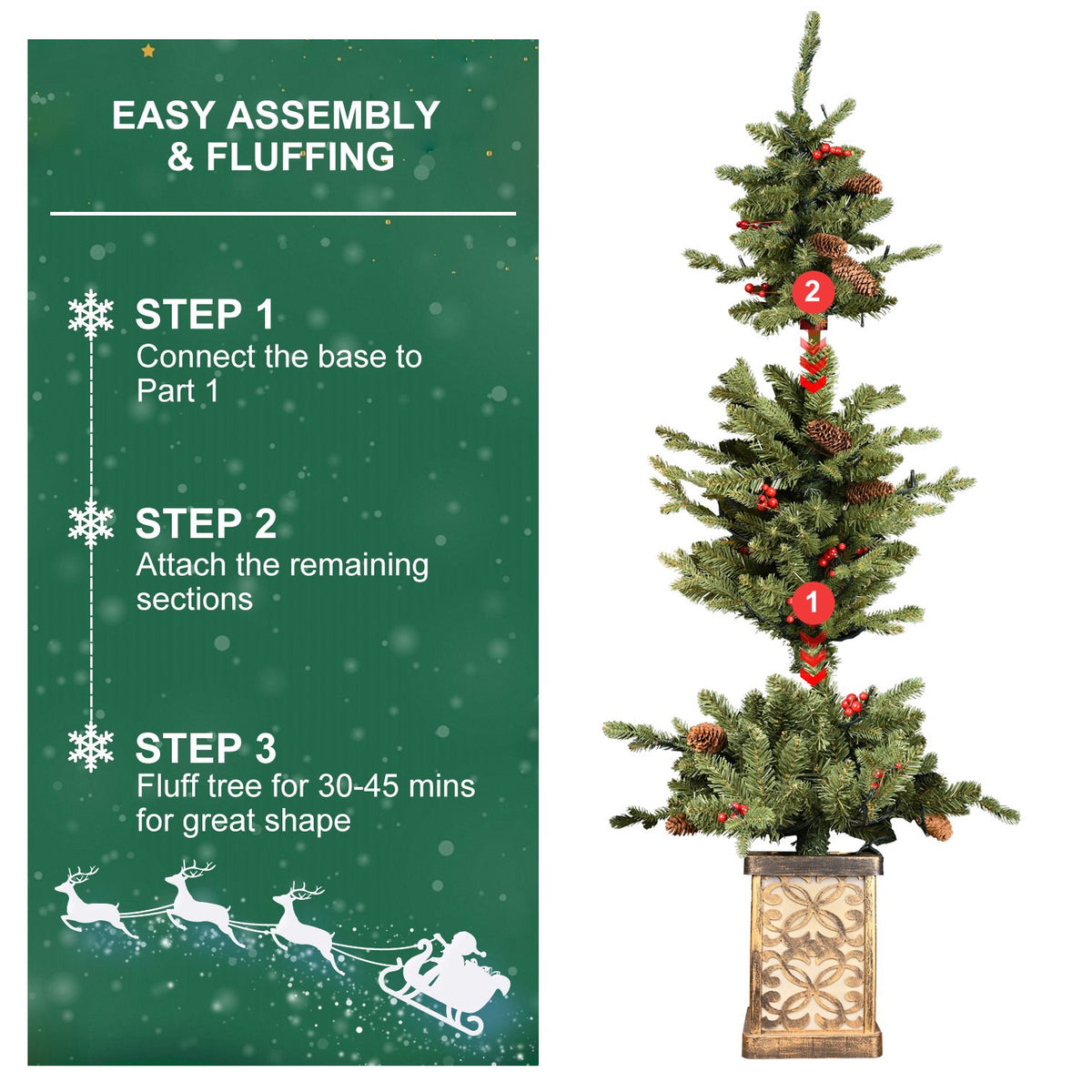 Potted Pine Artificial Christmas Tree with Red Berries and Pine Cones