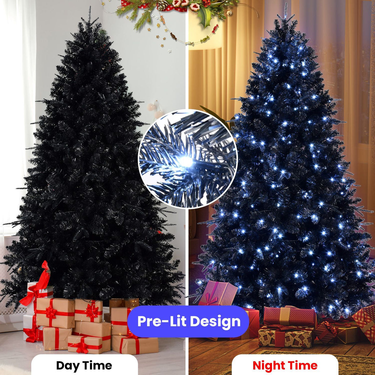 Black Pre Lit Christmas Tree with 500 LEDs