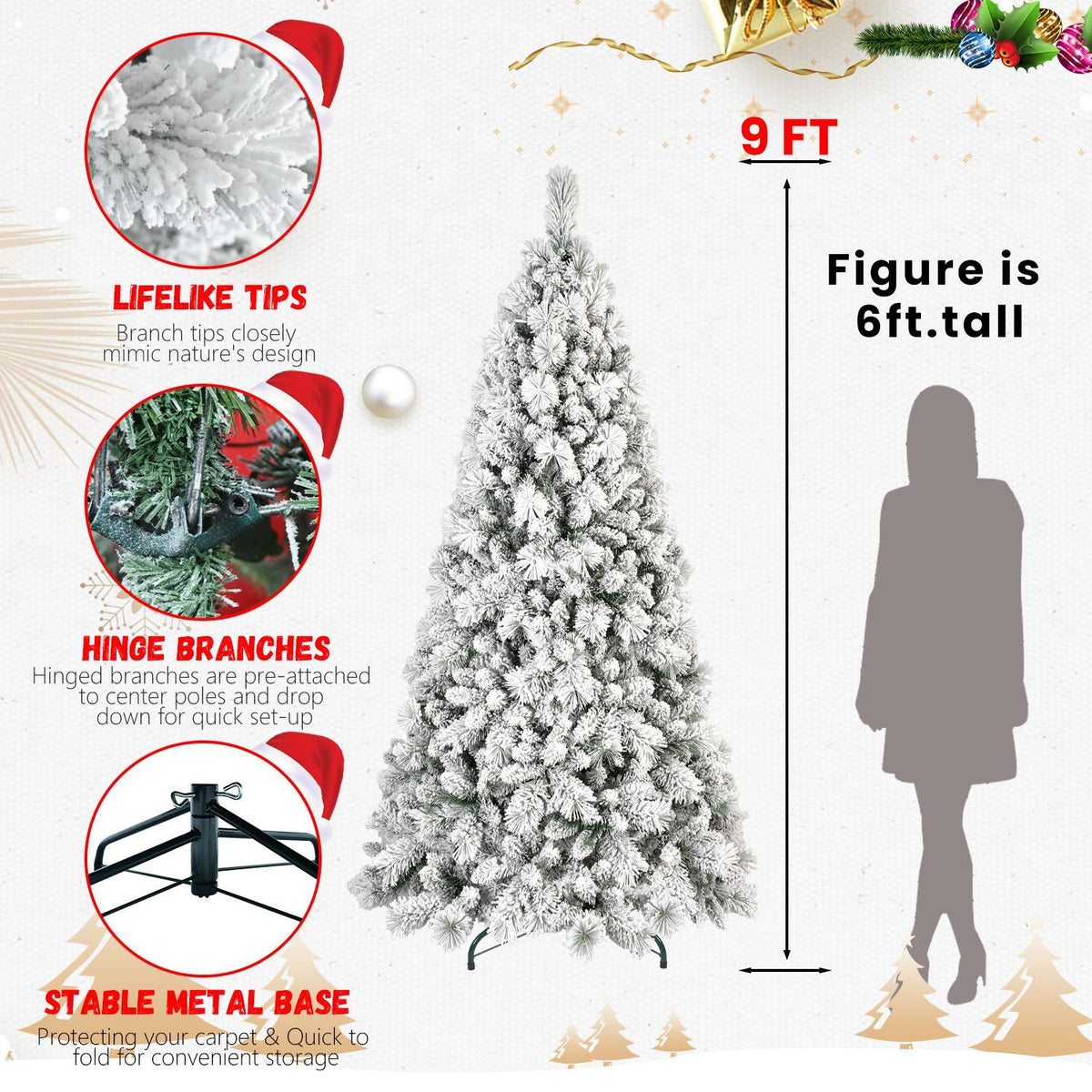 Flocked Christmas Tree Lit Snow 9ft Pre LED Lights