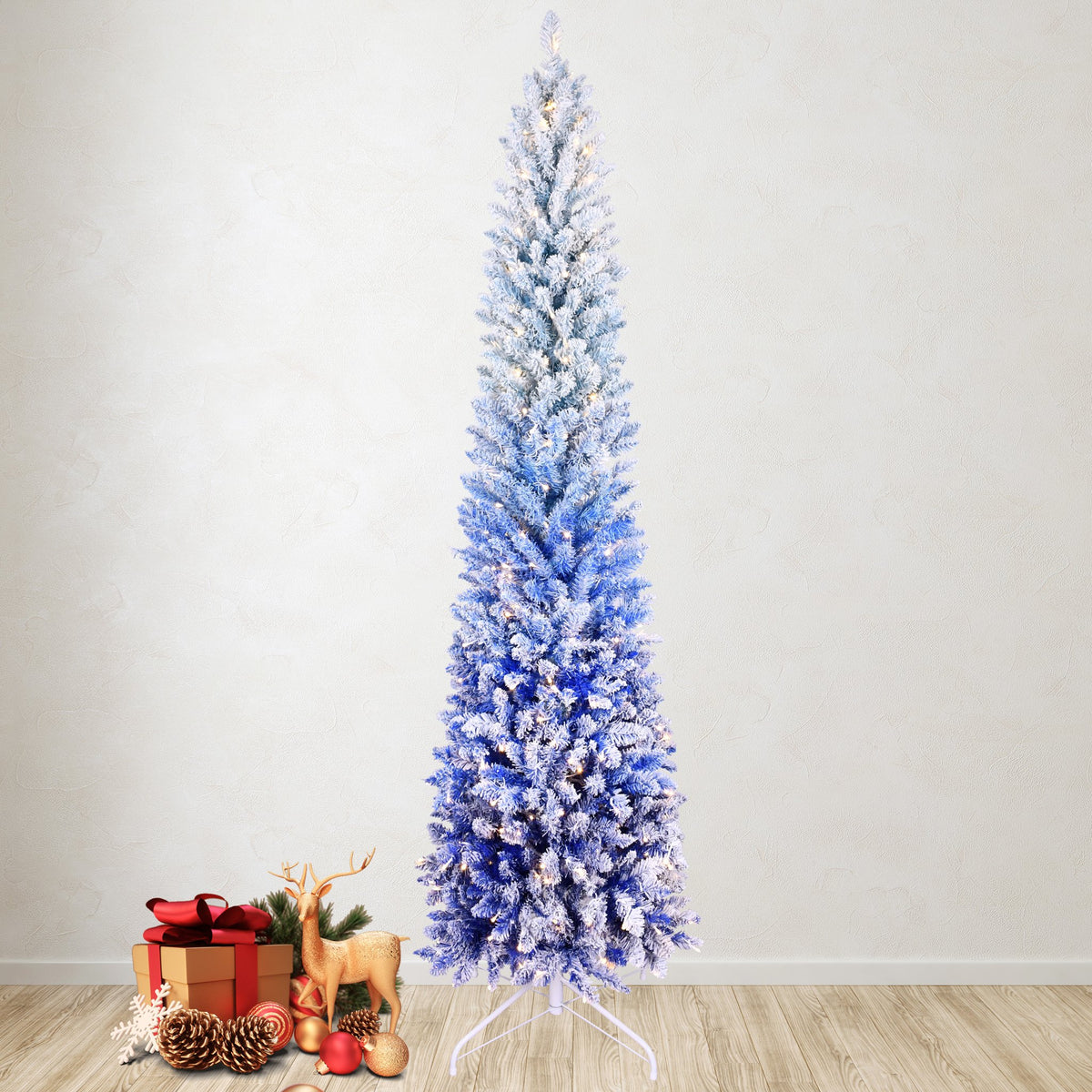 Ombre Pencil Artificial Christmas Tree with Blue Gradient Flocking