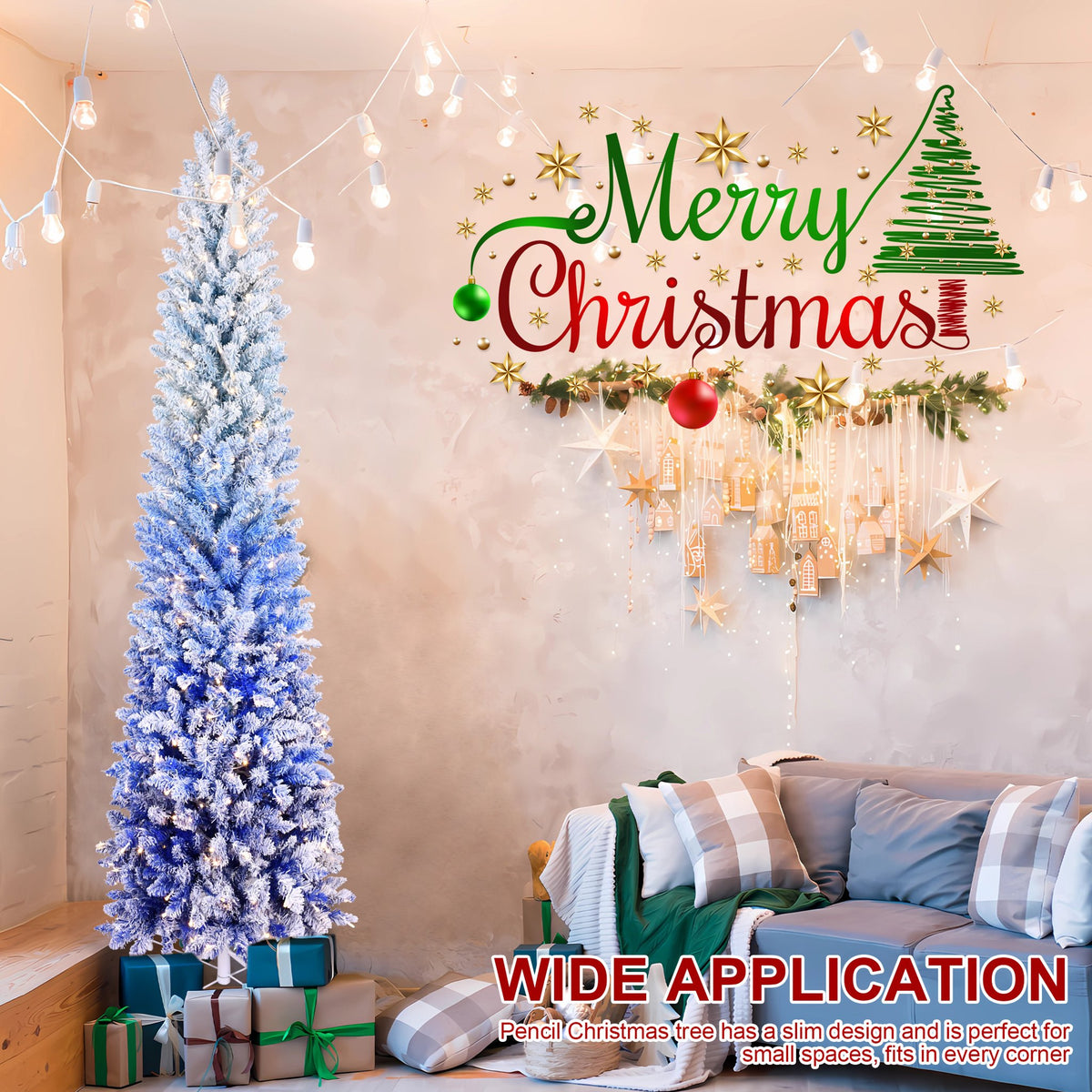 Ombre Pencil Artificial Christmas Tree with Blue Gradient Flocking